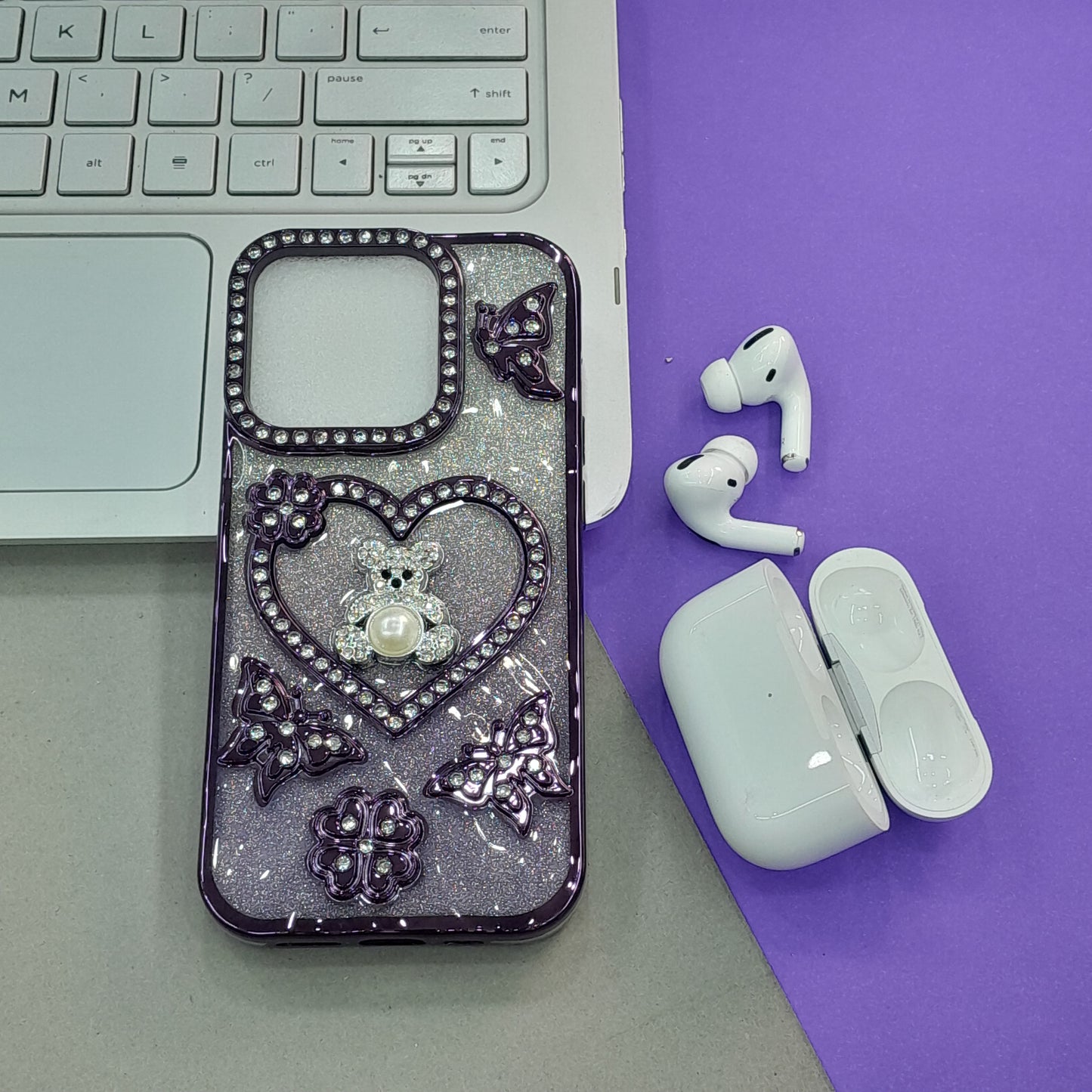 Blue Glitter Bling Phone Case with Rhinestone Teddy Bear & Butterfly Charms