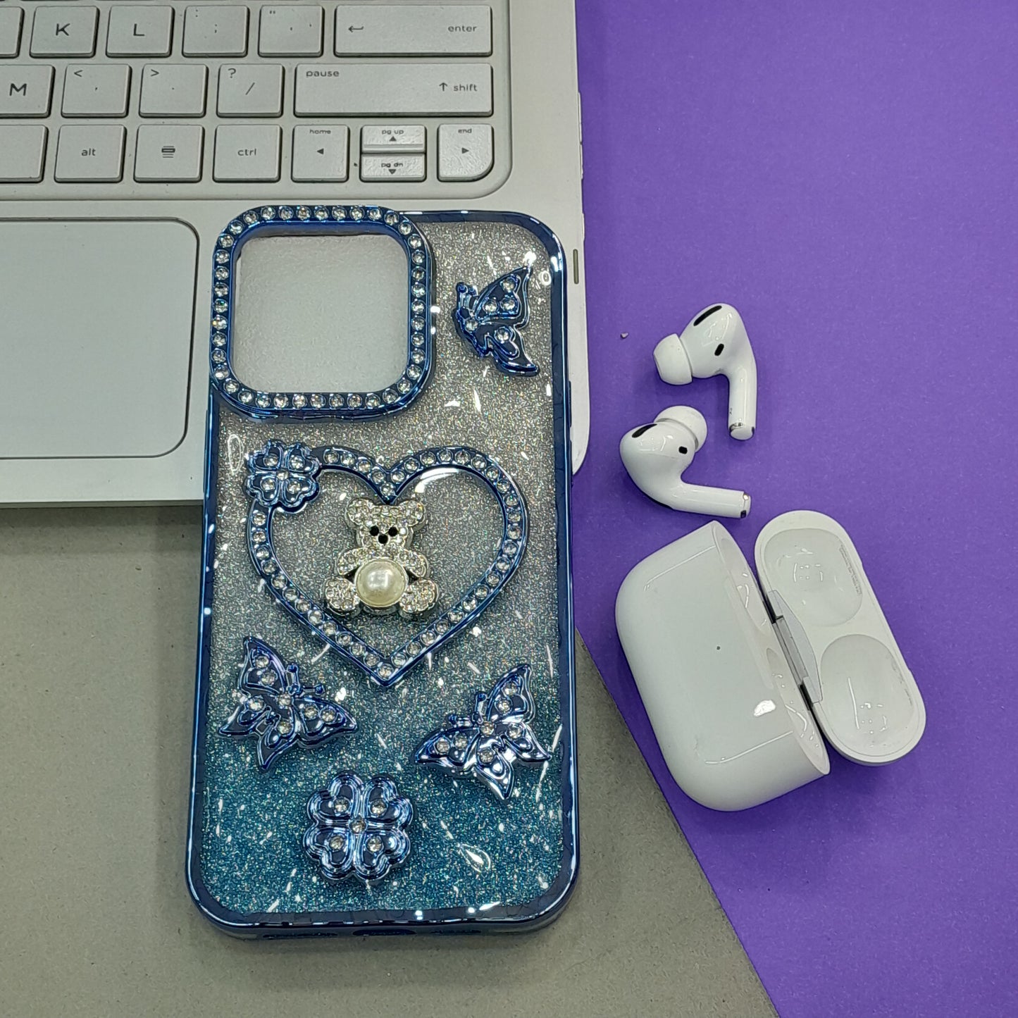 Blue Glitter Bling Phone Case with Rhinestone Teddy Bear & Butterfly Charms
