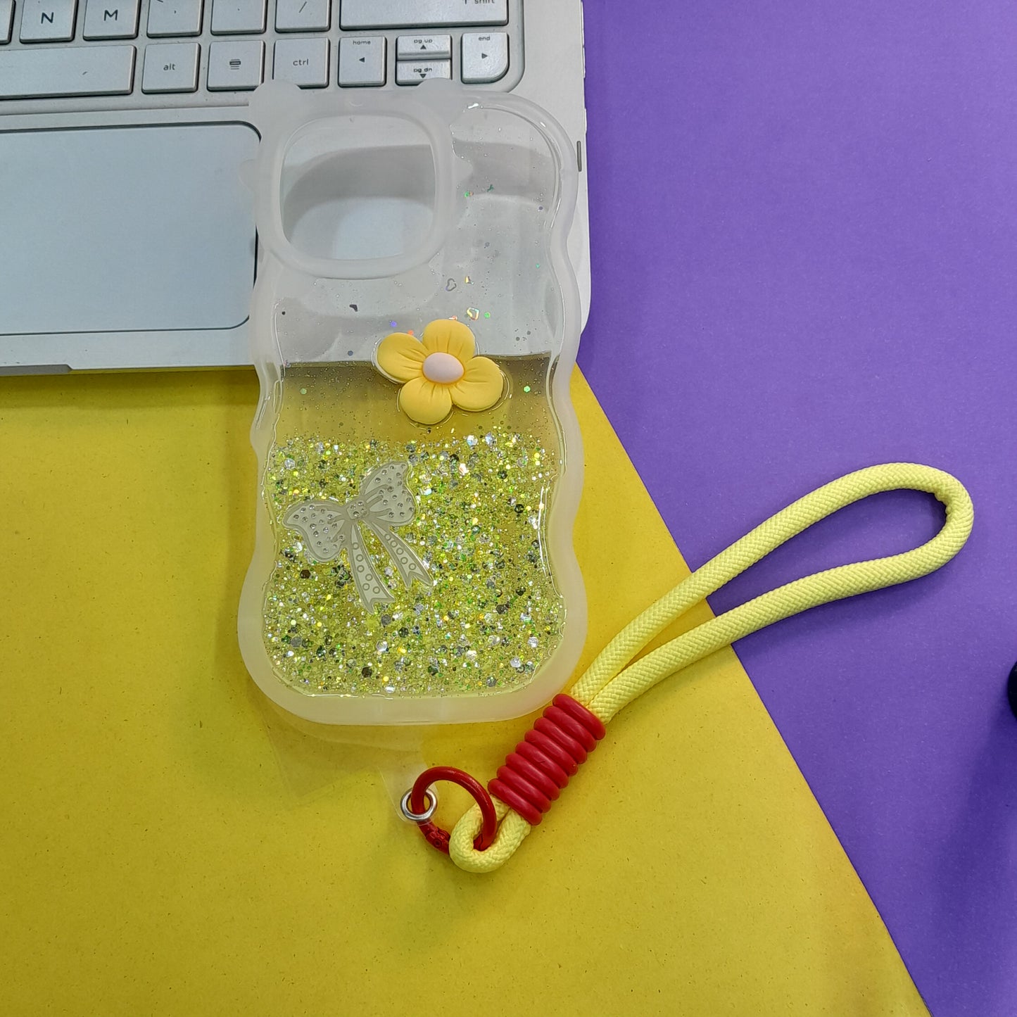 Cute Glittery Flower & Bow Phone Case with Wrist Strap