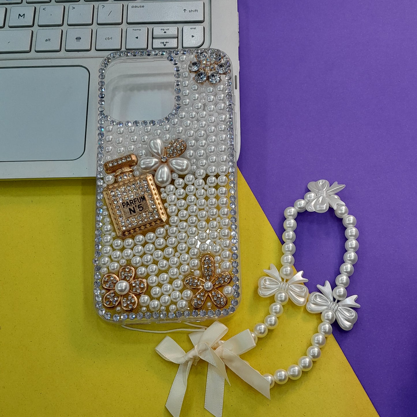 FANCY STONE PERFUME Luxury Pearl-Embellished Phone Case with Wrist Strap