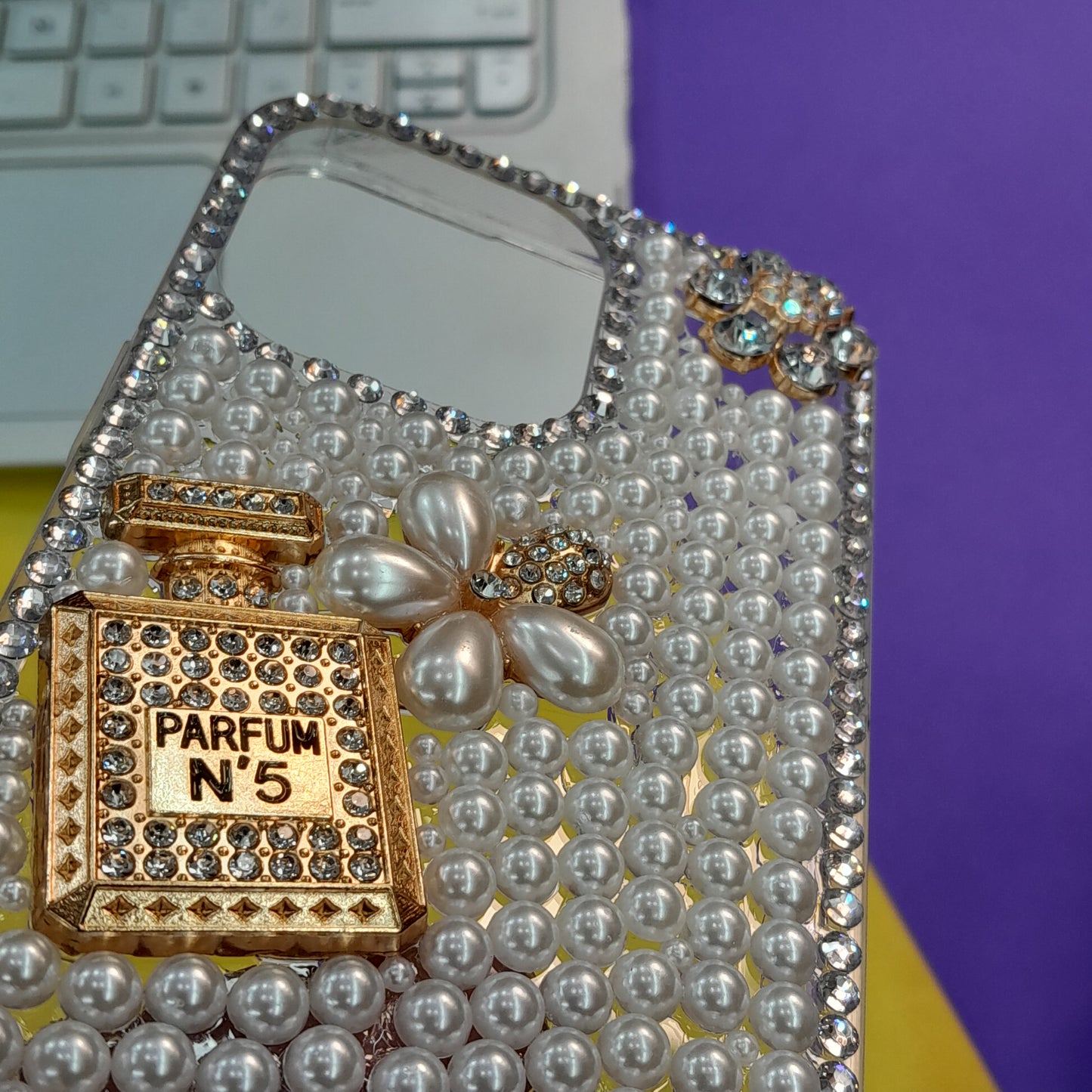 FANCY STONE PERFUME Luxury Pearl-Embellished Phone Case with Wrist Strap