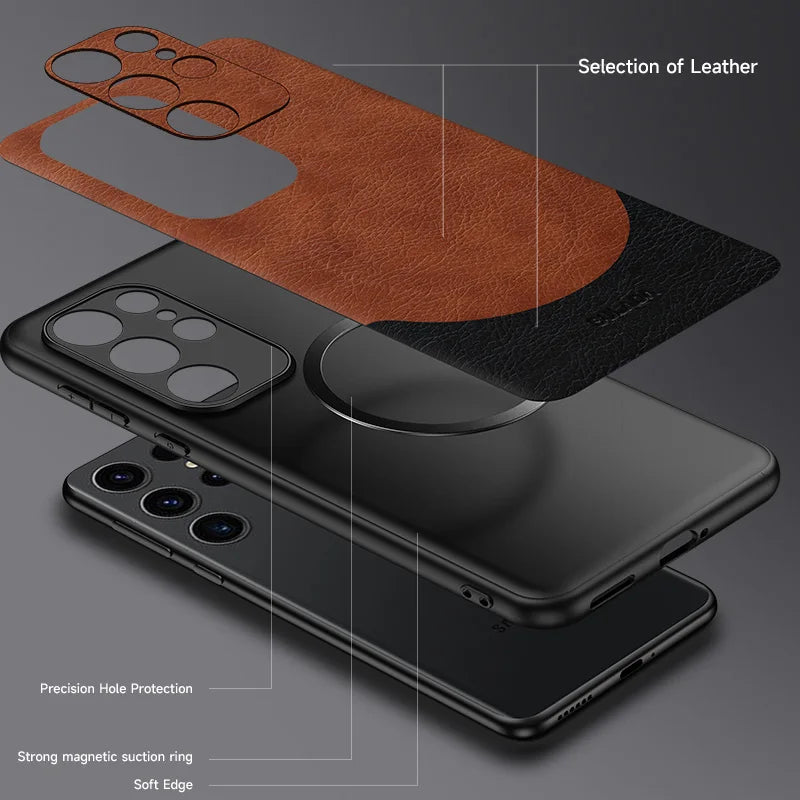 Samsung Magsafe Magnetic Leather Phone Case Cowhide Magnetic Wireless Charging
