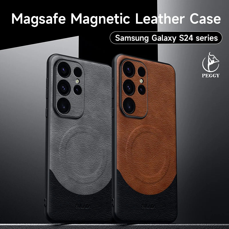 Samsung Magsafe Magnetic Leather Phone Case for Samsung Galaxy S24Ultra Cowhide Magnetic Wireless Charging Phone Cover