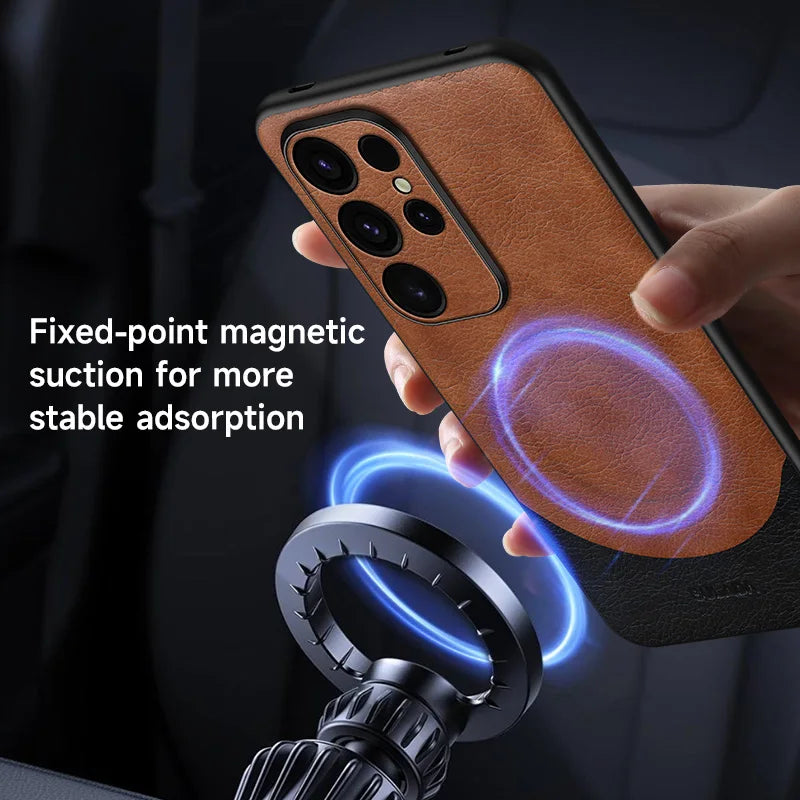 Samsung Magsafe Magnetic Leather Phone Case for Samsung Galaxy S24Ultra Cowhide Magnetic Wireless Charging Phone Cover