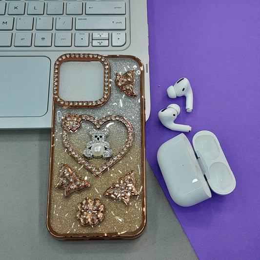 Blue Glitter Bling Phone Case with Rhinestone Teddy Bear & Butterfly Charms
