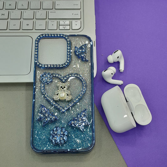 Blue Glitter Bling Phone Case with Rhinestone Teddy Bear & Butterfly Charms