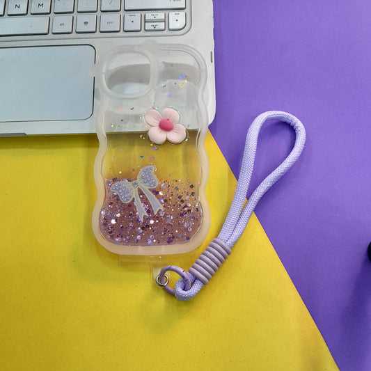 Cute Glittery Flower & Bow Phone Case with Wrist Strap