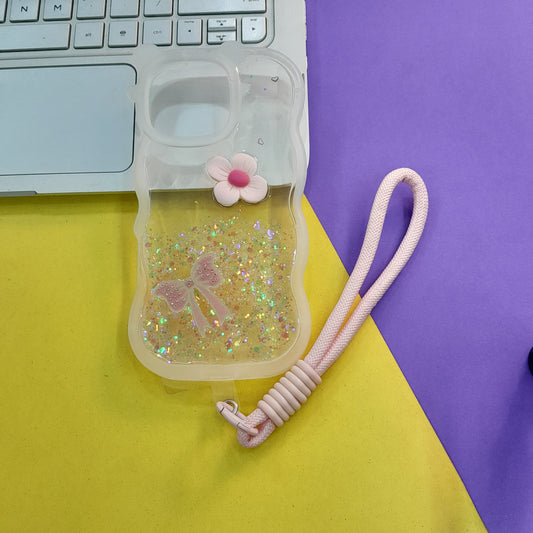 Cute Glittery Flower & Bow Phone Case with Wrist Strap