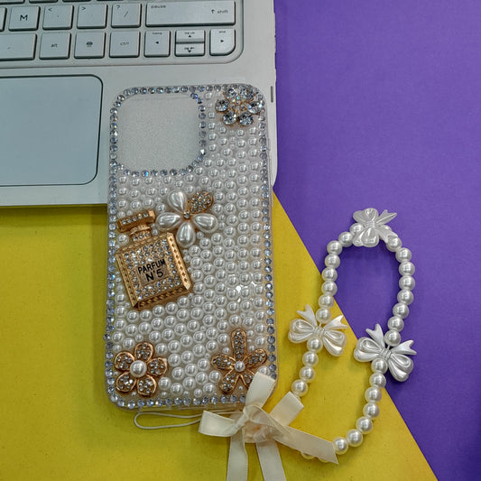 FANCY STONE PERFUME Luxury Pearl-Embellished Phone Case with Wrist Strap
