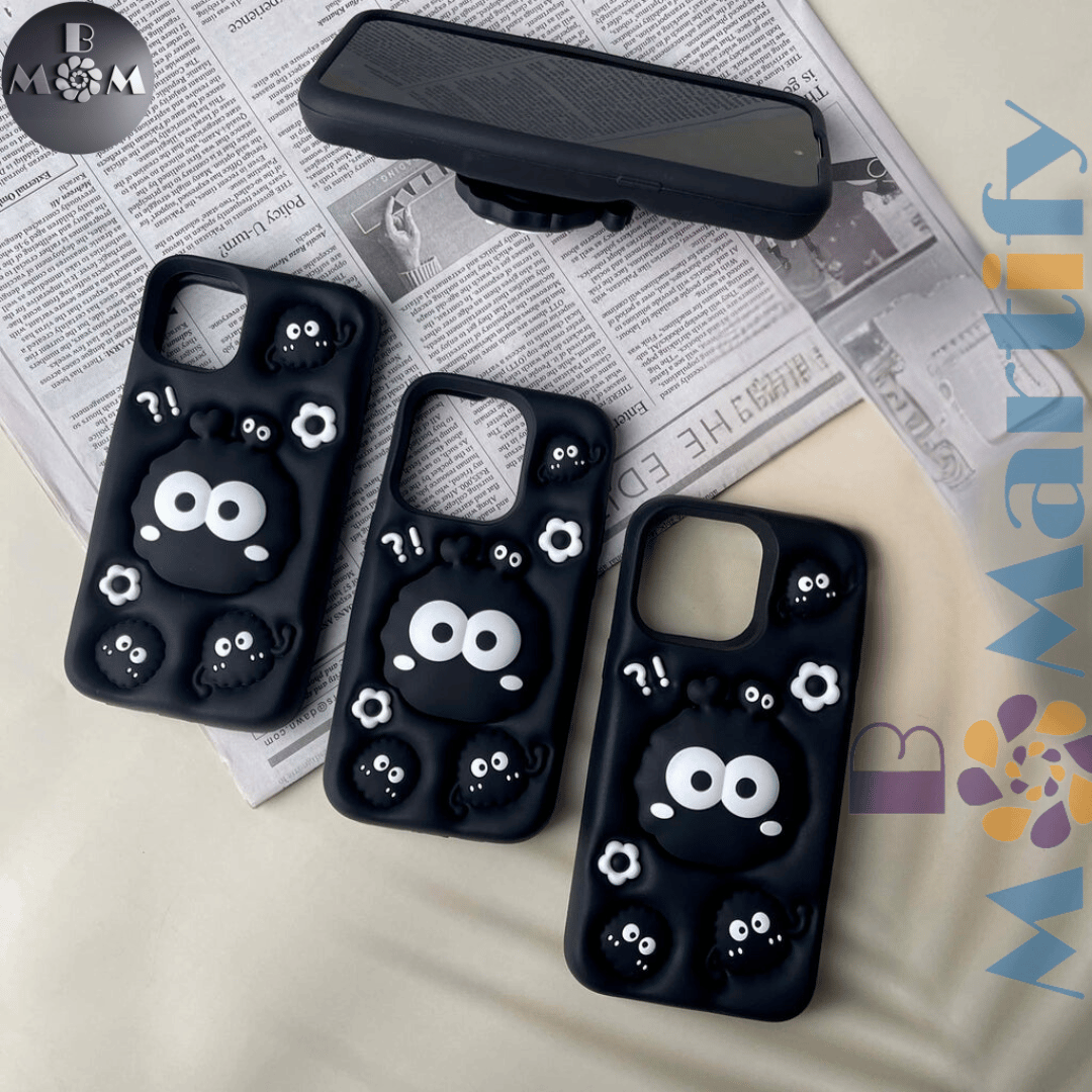 iPhone 15 Pro Max/ 14 Pro Max Cute 3D Soot Sprites Case with Pop-Socket Kickstand