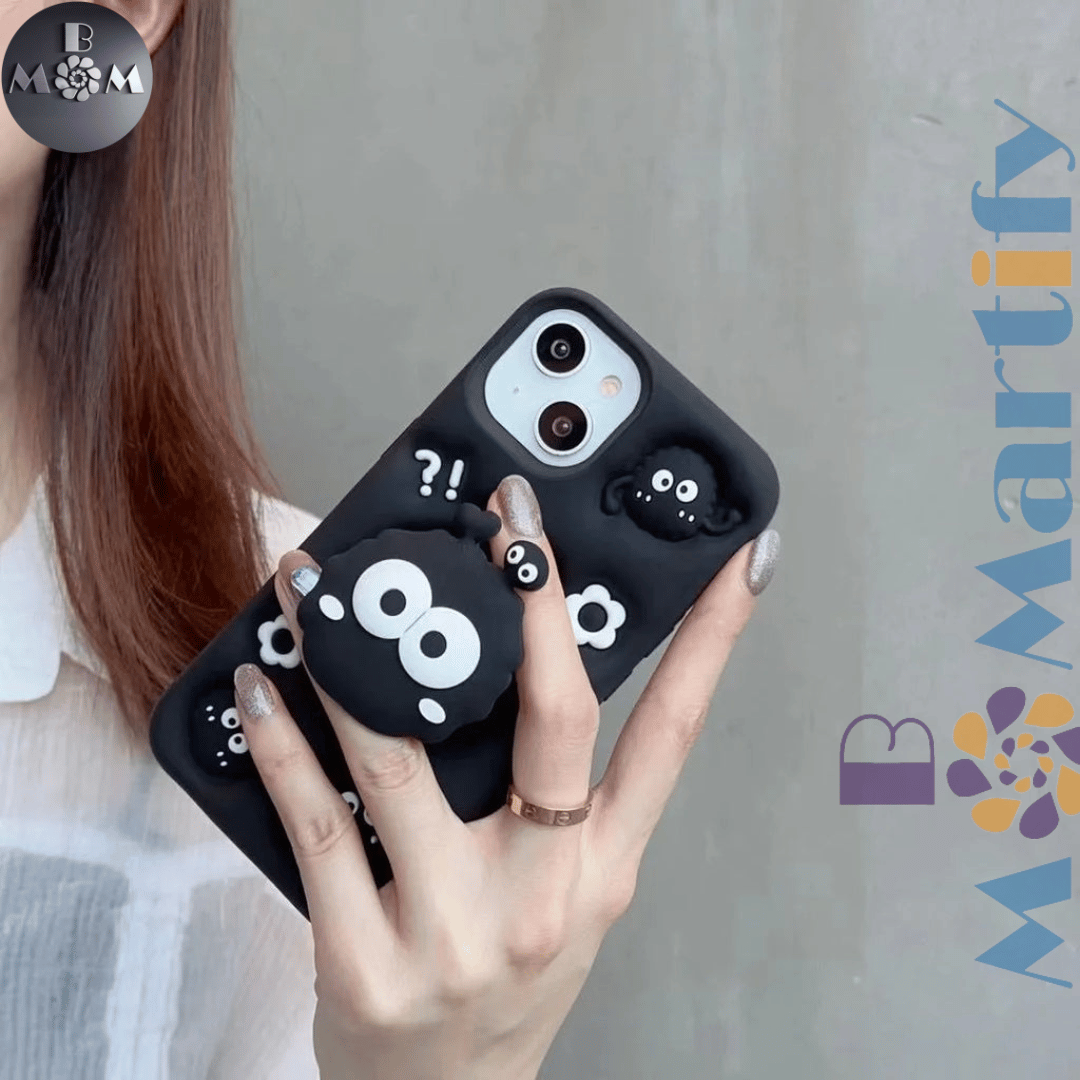 iPhone 15 Pro Max/ 14 Pro Max Cute 3D Soot Sprites Case with Pop-Socket Kickstand