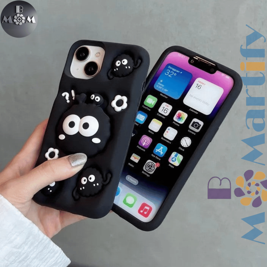 iPhone 15 Pro Max/ 14 Pro Max Cute 3D Soot Sprites Case with Pop-Socket Kickstand