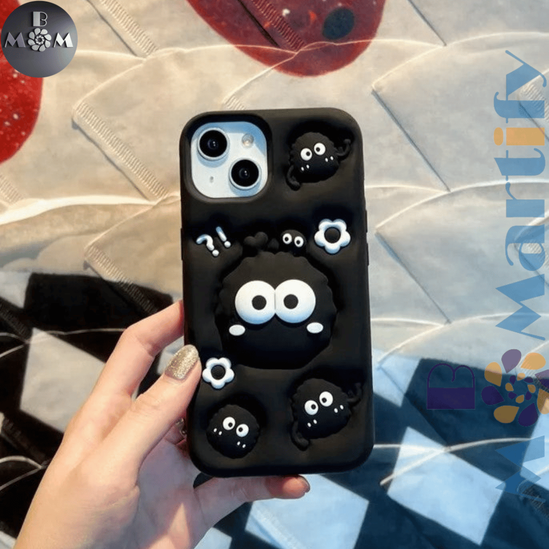 iPhone 15 Pro Max/ 14 Pro Max Cute 3D Soot Sprites Case with Pop-Socket Kickstand