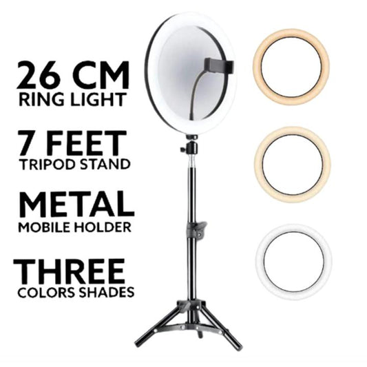 26CM Selfie LED Ring Light 7 Feet Tripod Stand & Mobile Phone Holder 26 CM ring light with Best Quality 7ft Aluminum tripod Stand for videos Photography Tiktok Light youtube Light 26cm Ringlight 7feet Tripod Stand