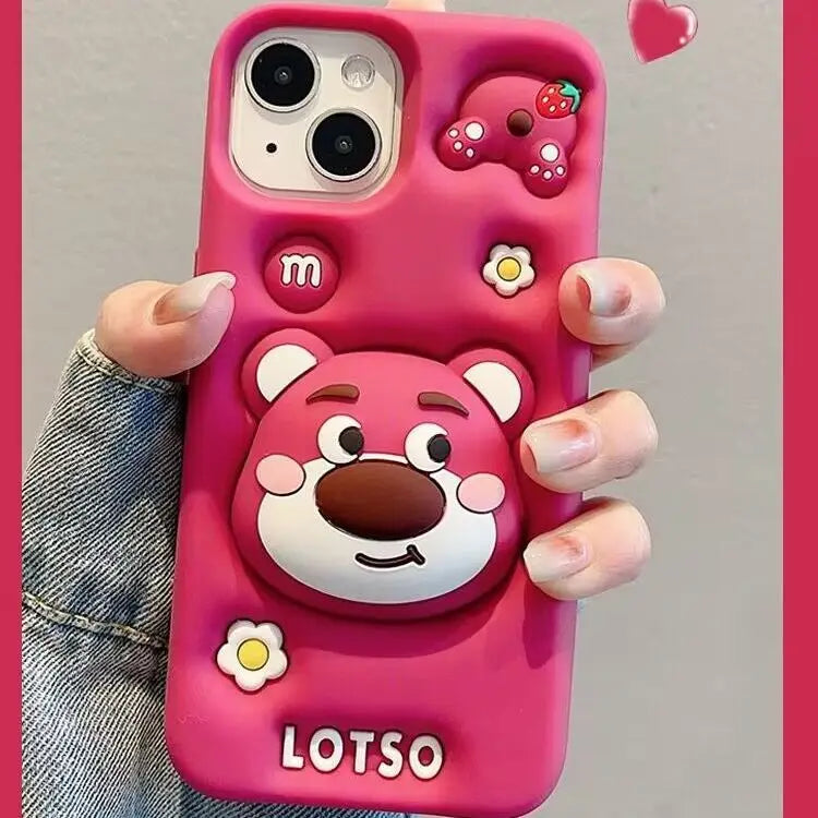 iPhone MINISO Anime Cartoon Cute Bracket Strawberry Bear For IPhone15141312 Apple Phone Case Silicone Soft Shell Cover Girl Gift