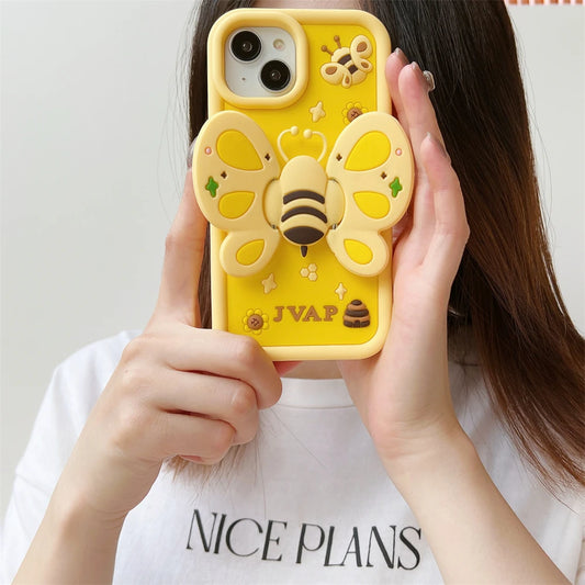 iPhone Cute 3D Wings Holder Bee liquid Silicone phone case for iPhone Pro Max Funny creative cartoon Protection cover