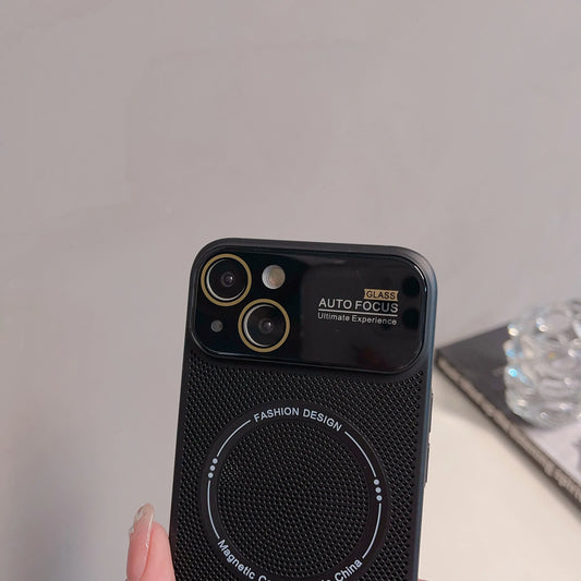 Premium electroplated magnetic case for iPhone with a large window design and heat dissipation net for enhanced protection and performance.
