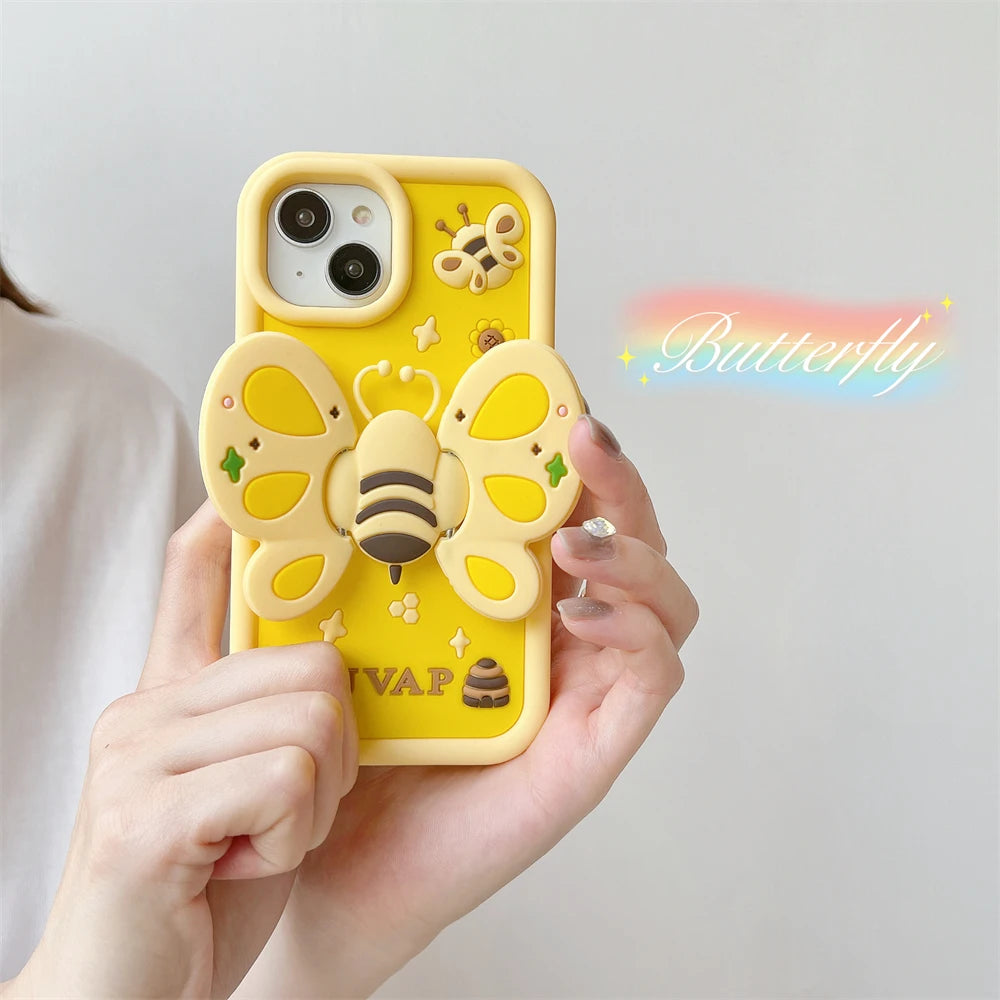 iPhone Cute 3D Wings Holder Bee liquid Silicone phone case for iPhone Pro Max Funny creative cartoon Protection cover