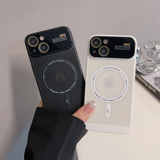 Premium electroplated magnetic case for iPhone with a large window design and heat dissipation net for enhanced protection and performance.
