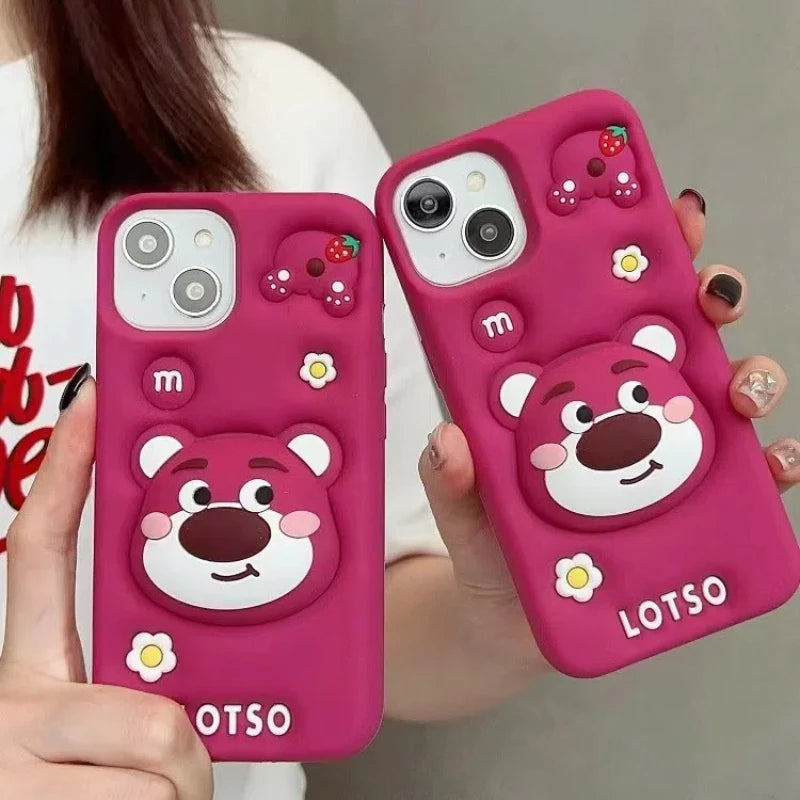 iPhone MINISO Anime Cartoon Cute Bracket Strawberry Bear For IPhone15141312 Apple Phone Case Silicone Soft Shell Cover Girl Gift