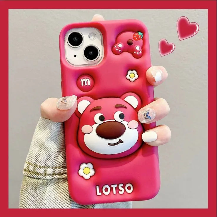 iPhone MINISO Anime Cartoon Cute Bracket Strawberry Bear For IPhone15141312 Apple Phone Case Silicone Soft Shell Cover Girl Gift