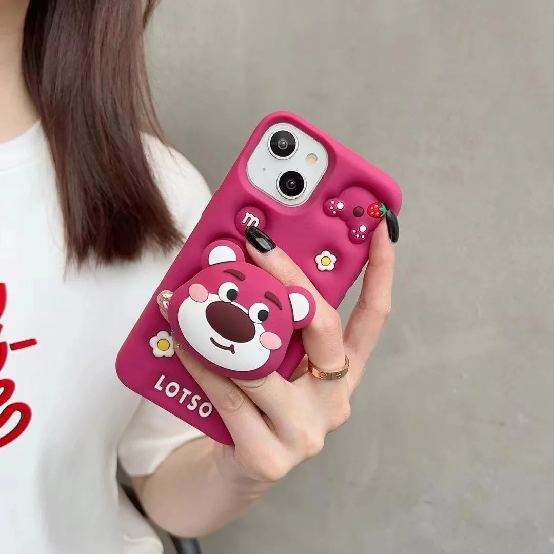 iPhone MINISO Anime Cartoon Cute Bracket Strawberry Bear For IPhone15141312 Apple Phone Case Silicone Soft Shell Cover Girl Gift