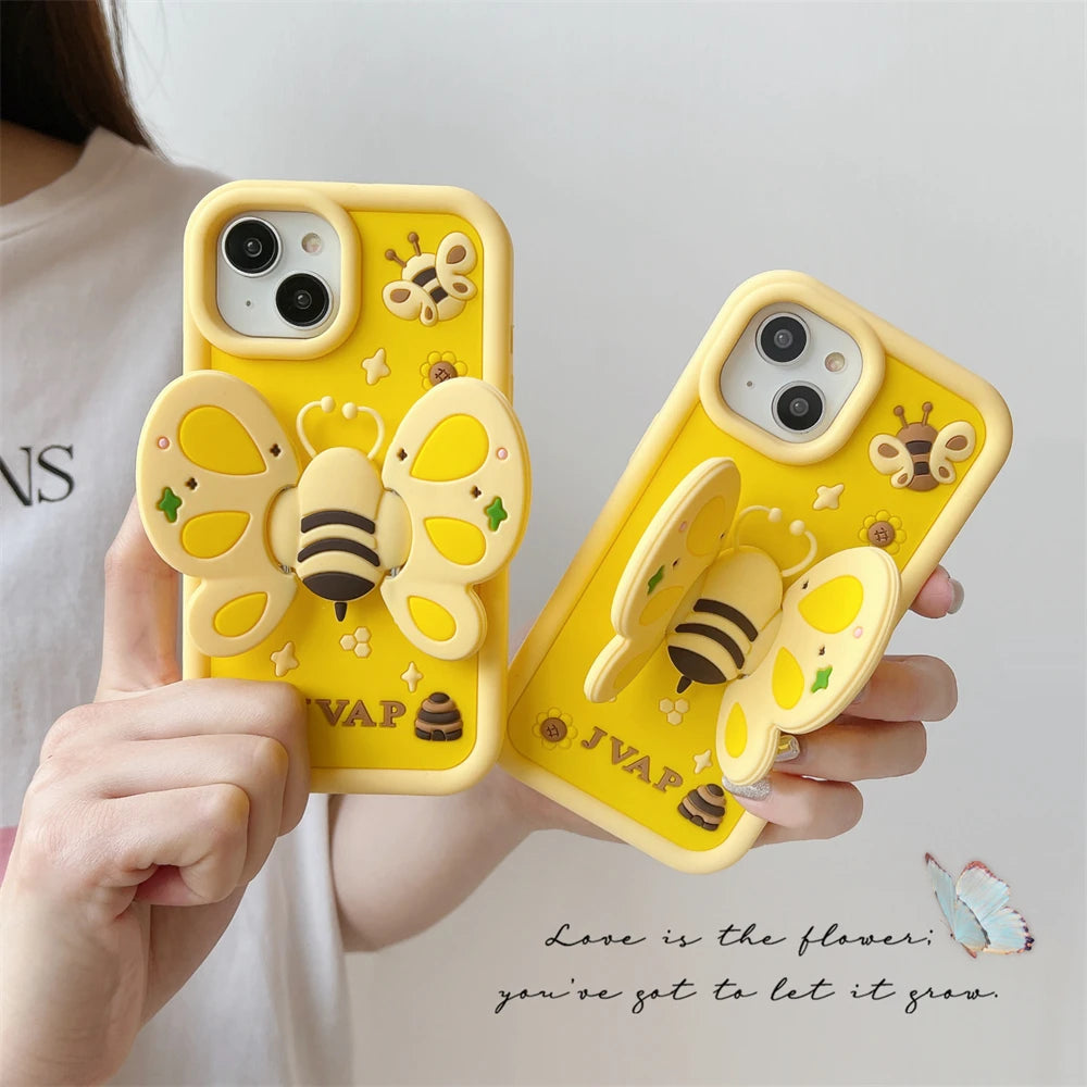 iPhone Cute 3D Wings Holder Bee liquid Silicone phone case for iPhone Pro Max Funny creative cartoon Protection cover