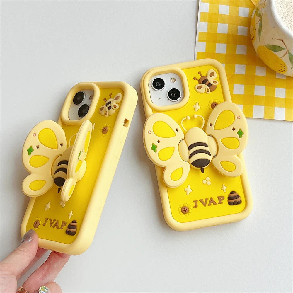 iPhone Cute 3D Wings Holder Bee liquid Silicone phone case for iPhone Pro Max Funny creative cartoon Protection cover