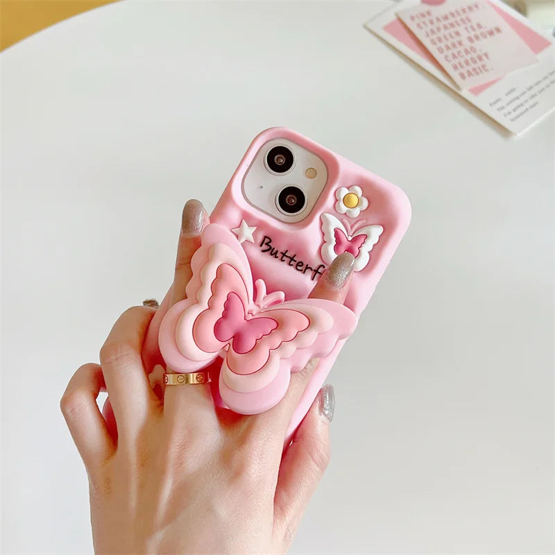 iPhone Three-dimensional butterfly phone case with stretching bracket for iPhone LIQUID SILICONE