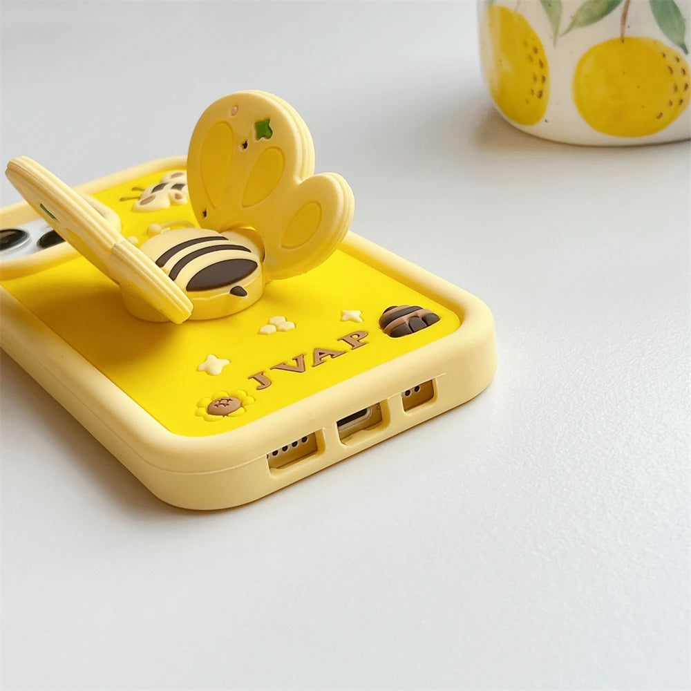 iPhone Cute 3D Wings Holder Bee liquid Silicone phone case for iPhone Pro Max Funny creative cartoon Protection cover