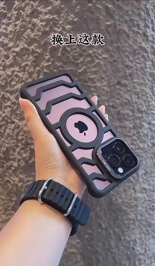 Ultra-thin, shockproof, frameless magnetic iPhone case with hollow heat dissipation and built-in stand.
