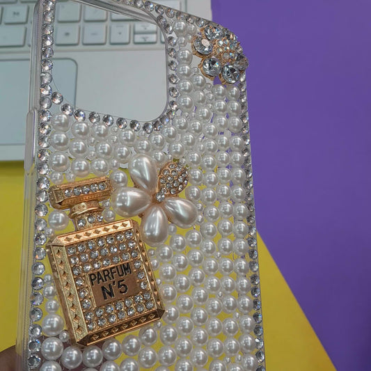 FANCY STONE PERFUME Luxury Pearl-Embellished Phone Case with Wrist Strap